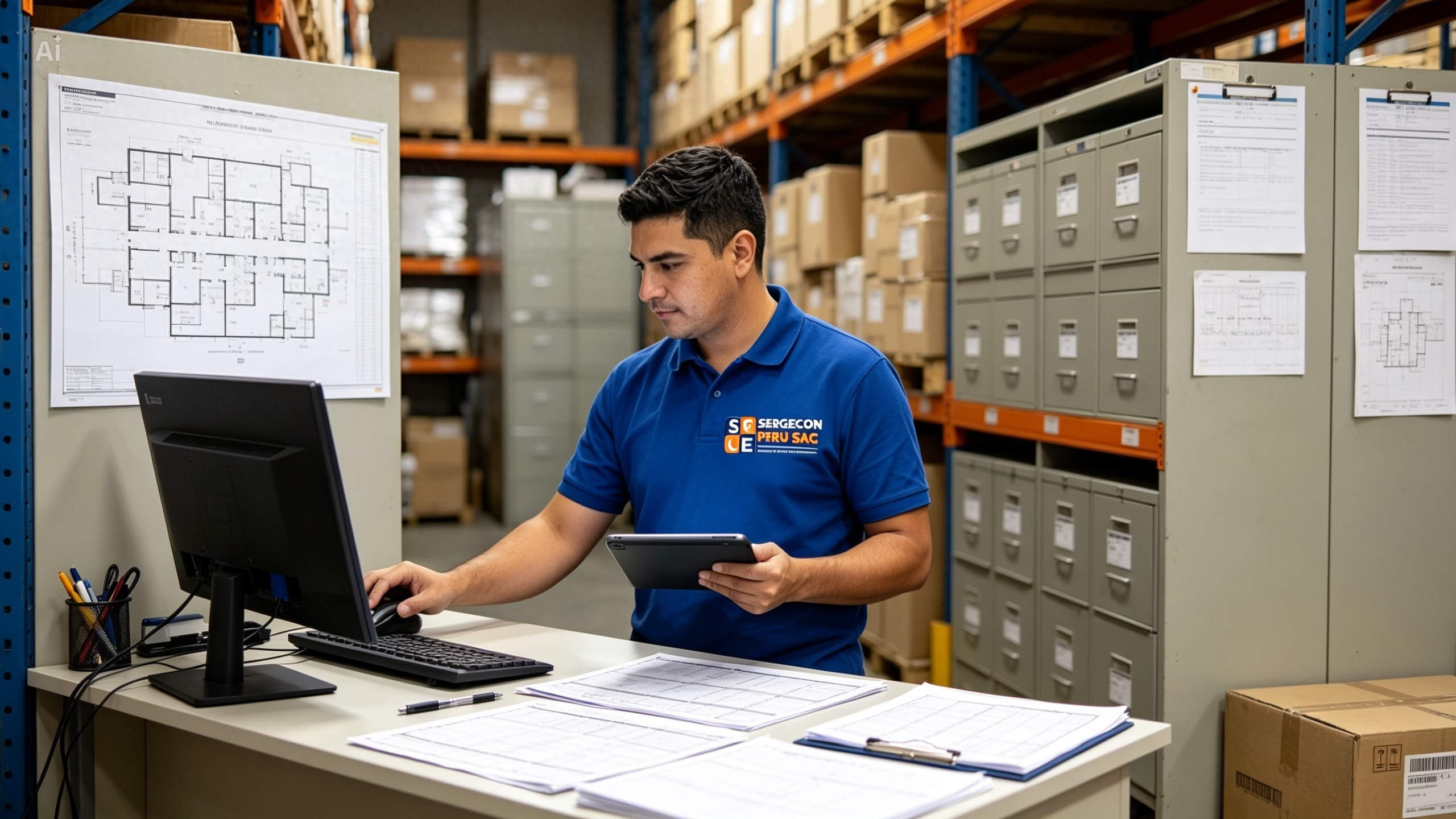 Male warehouse staff scanning